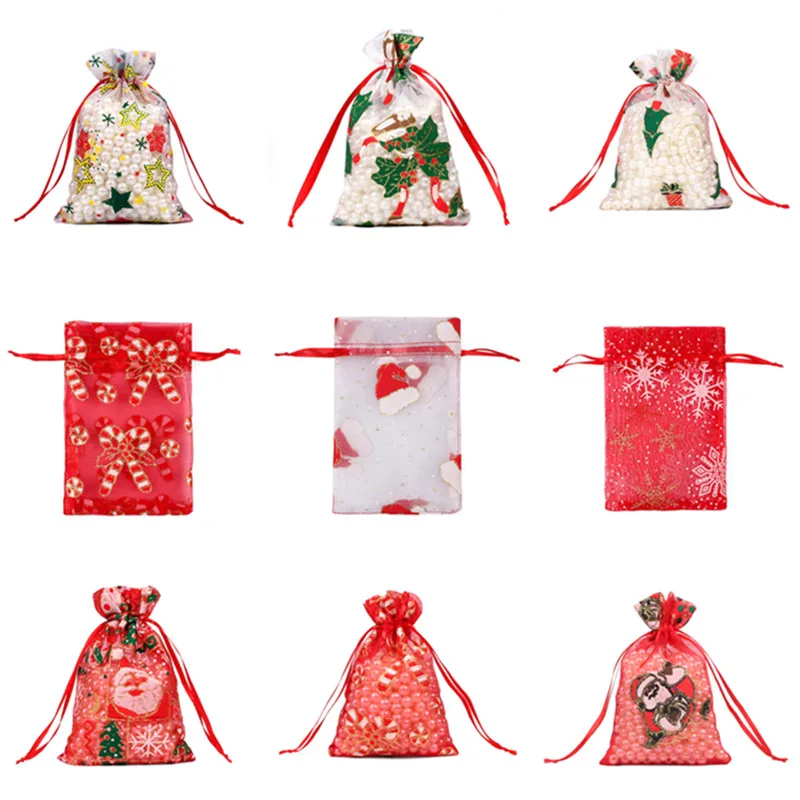 Color Printing 100Pcs 10X15 13X18cm Christmas Organza Bag Gauze Element Jewelry Bags Packing Drawable Organza Gift Bags 55