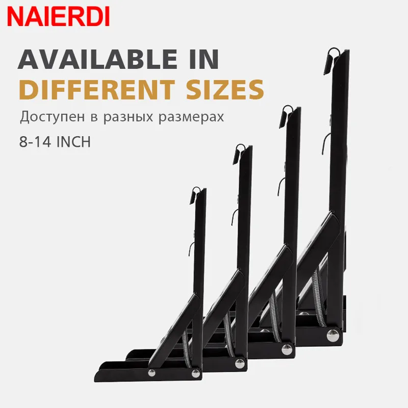 NAIERDI 8-14 Inch 2PCS Stainless Steel Folding Bracket White Black Iron Triangle Bracket Adjustable Wall Support Table Shelf