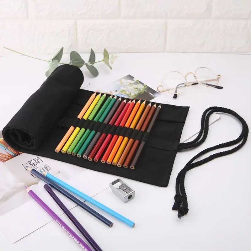 Black Color School Pencil Case Roller 12/24/36/48/72 Holes Canvas Roll Up Makeup Canvas Pen Bag For Girls Boys Stationery