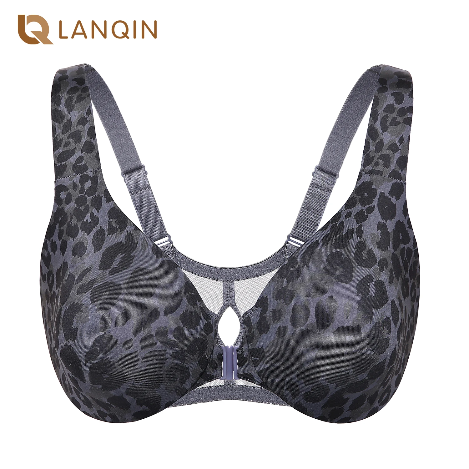 Women's Front Closure Racerback Underwire Full Coverage Non-padded T-shirt Bra Sheer Back Leopard Printed Sexy B-DD F G 34-48