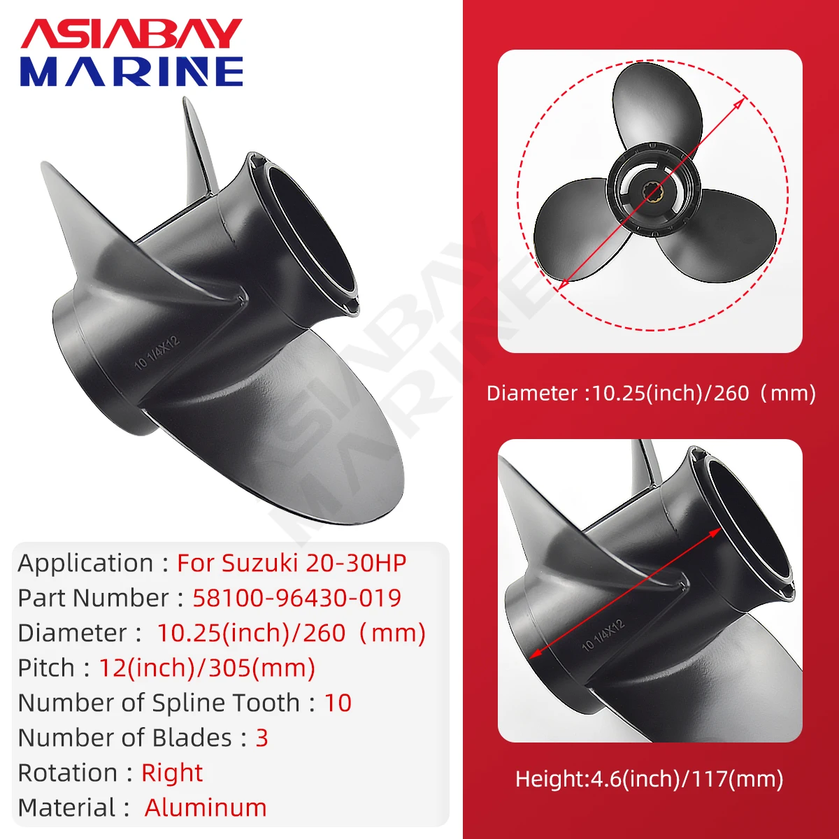 For Suzuki Outboard Propeller 20hp 25hp 30hp 10 1/4x12 Boat Motor Aluminum Screw 3 Blade 10 Spline Fit 20 25 30 Hp 10.25*12inch