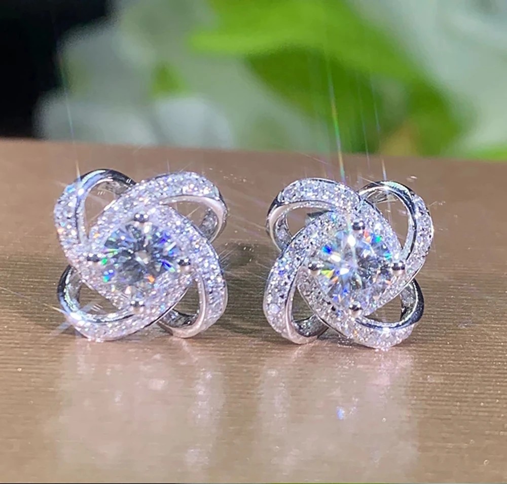 

14K Au585 White Gold Earrings 0.5 1 2 3 Carat DVVS Round Moissanite Diamond Present Wedding Engagement Party Clover Fireworks