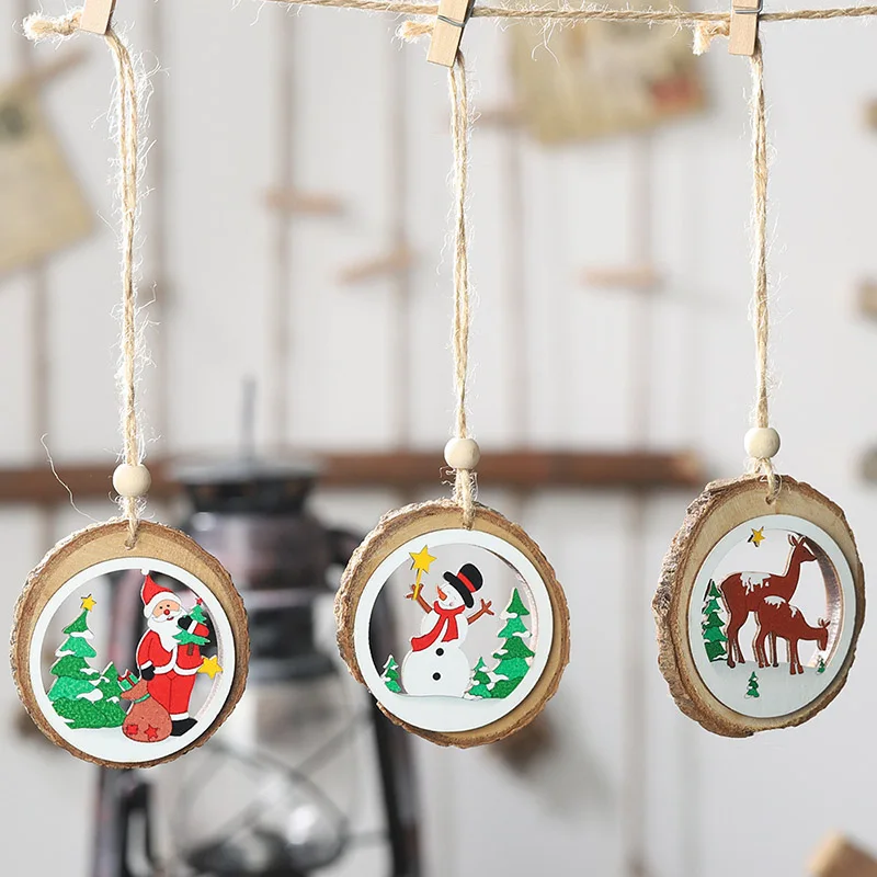 Wooden Christmas Tree Hanging Ornaments Xmas New Year Santa Claus Snowman Reindeer Pendants for Home Party Decoration Accessory