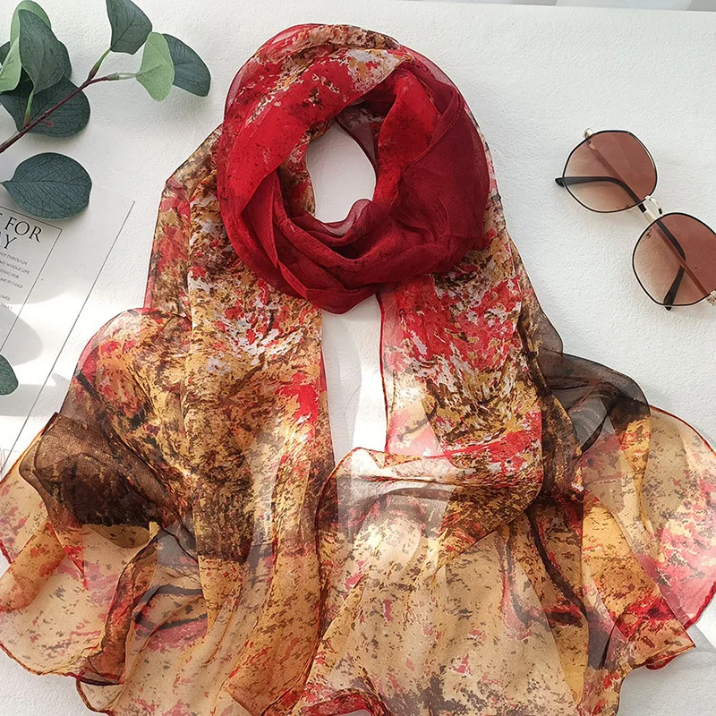 Women Foulard Bandana Elegant Gradient Color Life Tree Flower Chiffon Georgette Scarf Long Shawl Summer Multiple Colour