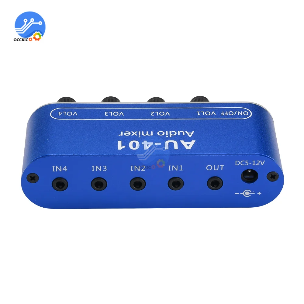 AU-401 DC 5V-12V สเตอริโอมิกเซอร์4อินพุต1เอาต์พุตแยกควบคุมบอร์ดเสียงผสม DIY แอมป์หูฟัง