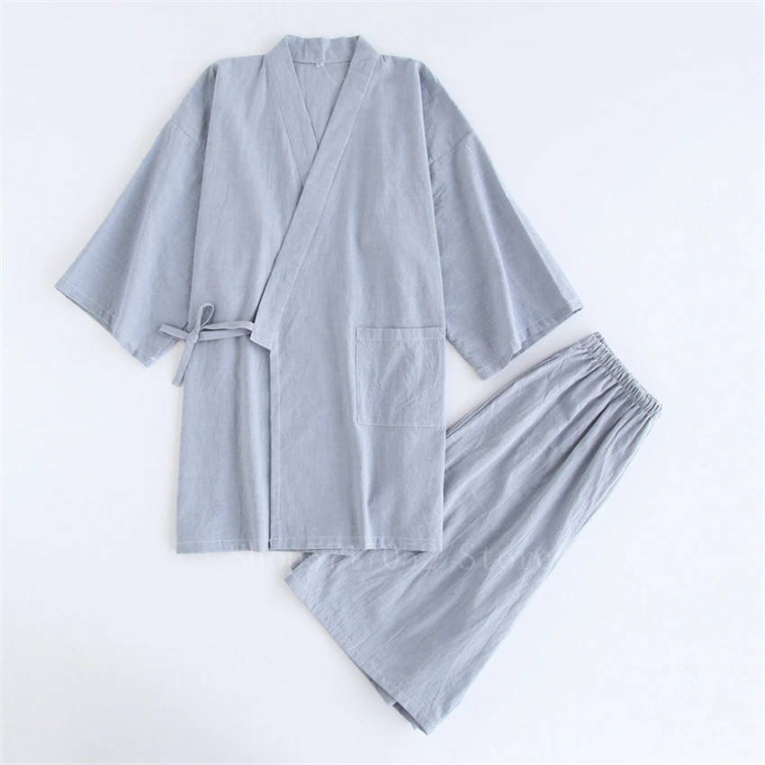 Japanese Kimono Cotton Pajamas Men Samurai Costume Bathrobe Haori Yukata Jinbei Set Sleepwear Short Sleeve Woman Japan Clothes