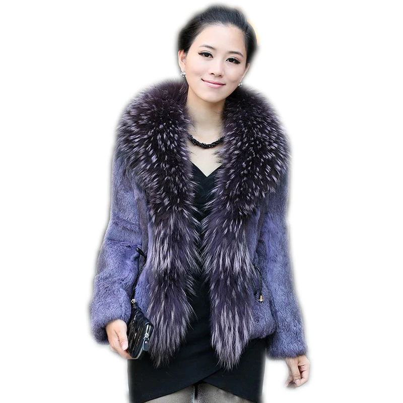 

New 2021 Fashion Fur Coats plus size Real Fur Coats Women Rabbit fur coat with Raccoon Collar Outerwear & Coats free shipping