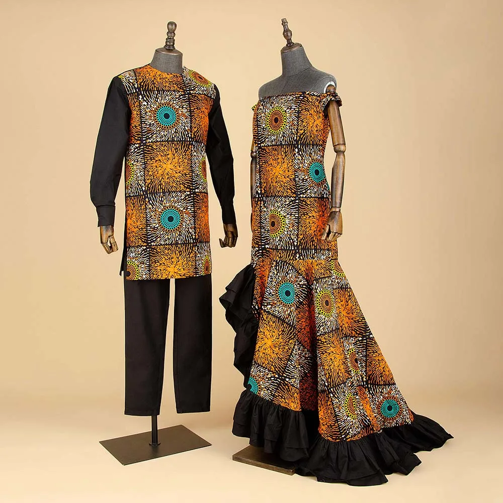 African Clothes for Couples Women Ruffles Long Dresses Matching Men Outfits Top and Pants Sets Party Wedding Vestidos S20C009