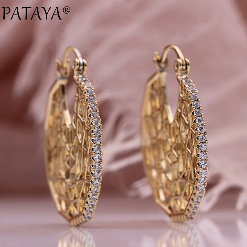 PATAYA New Micro Wax Inlay Natural Zircon Luxury Big Earrings 585 Rose Gold Color Hyperbole Long Earrings Women Fashion Jewelry