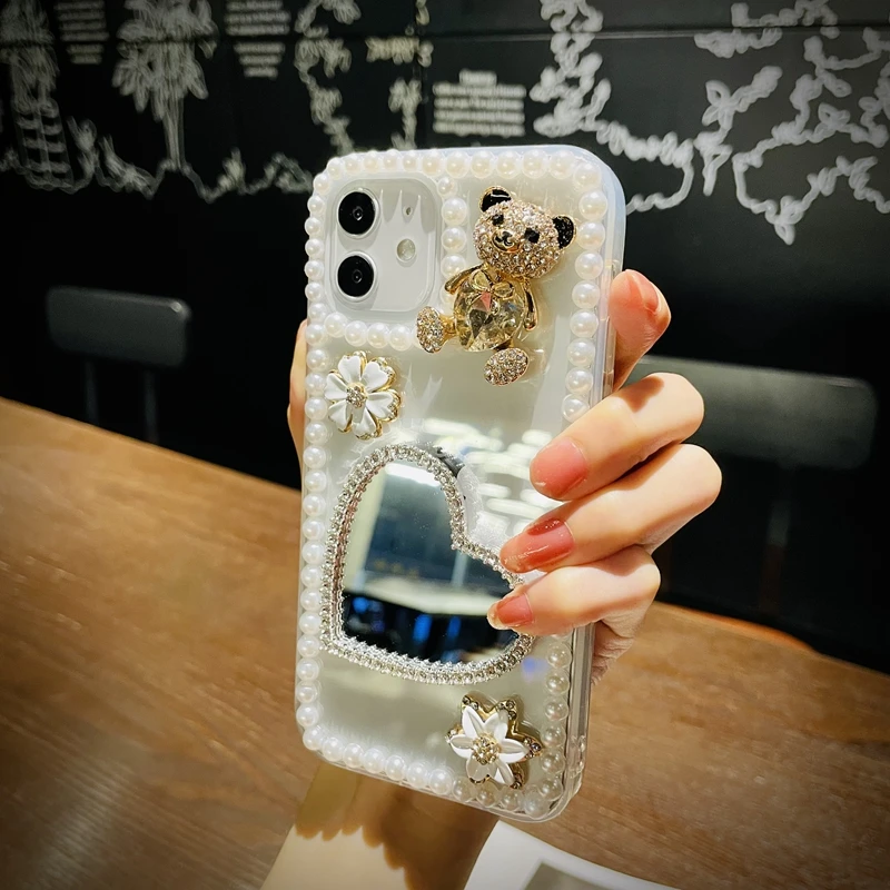 Rhinestone Love Heart Phone Case, Mirror Bling, Pearl, for Samsung S22, S20, S21, S23, S10 Plus, Note20 Ultra