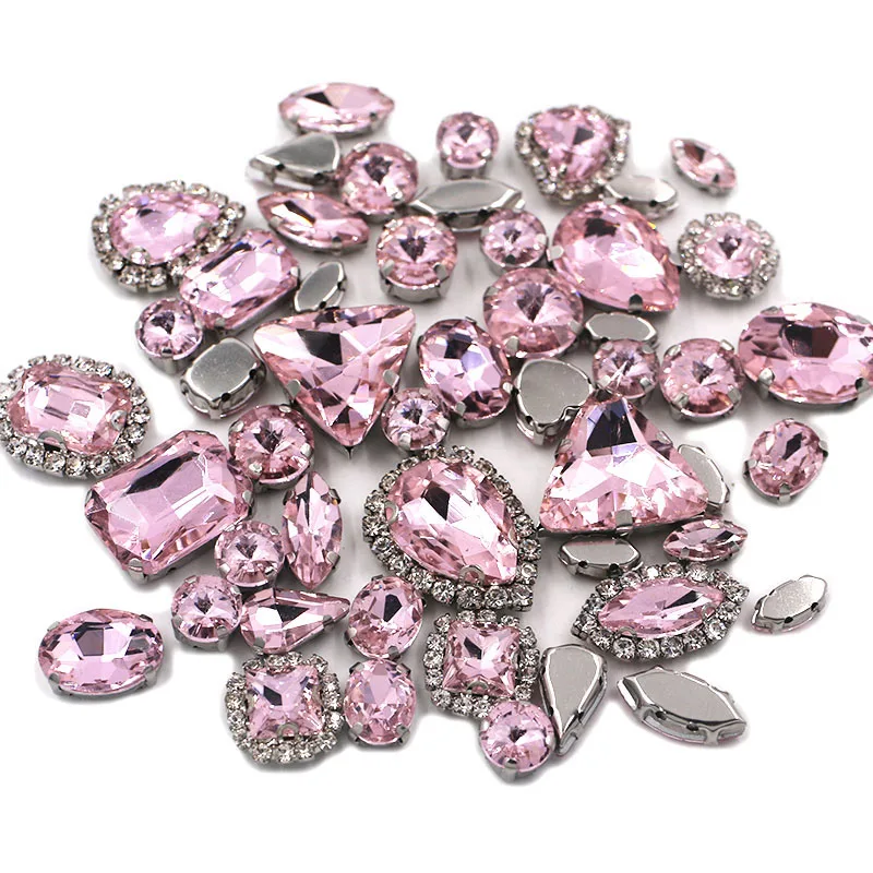 50pcs/Bag Pink Mixed Shape Sew on Glass Rhinestone Silver Claw and Crystal Buckle Diy Wedding Decoration Clothes/Shoe/Dress