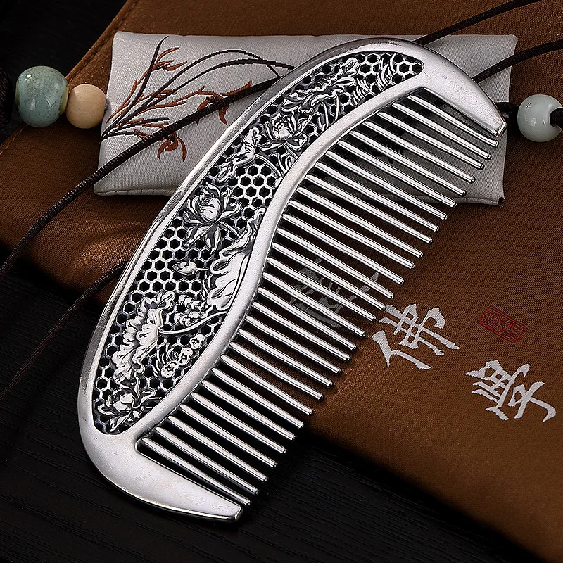 

999 Pure Silver Retro Hollow Lotus Leaf Silver Comb Personality Creative Hair Comb