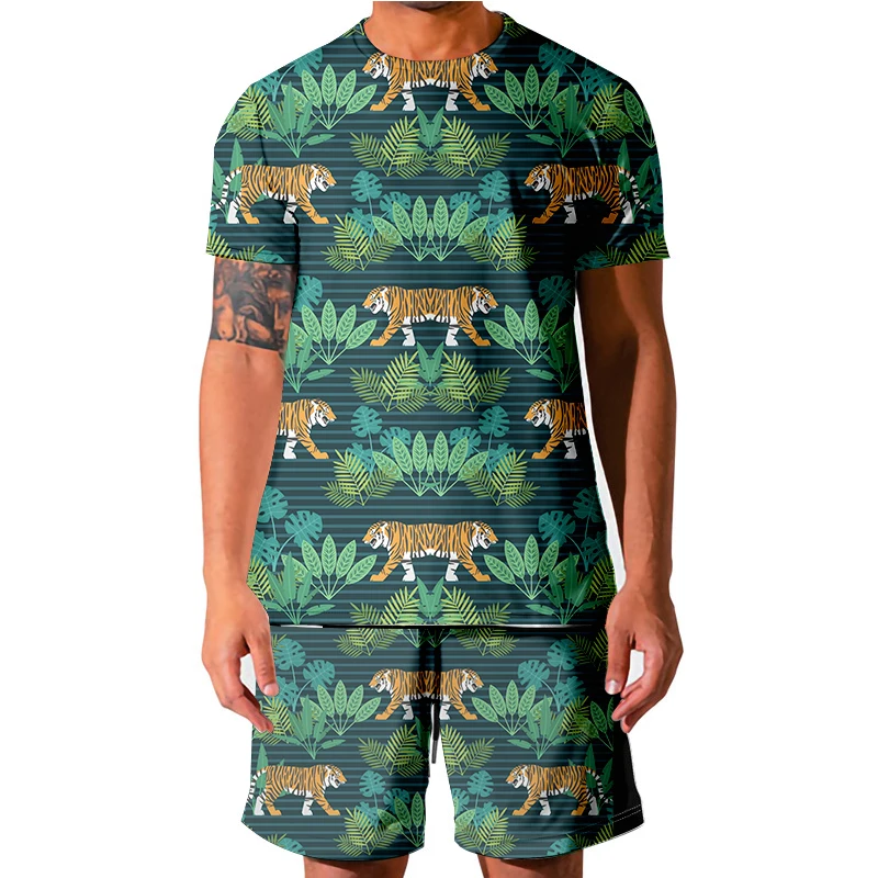 

2021 Summer Leaf tiger Men Shorts Sets Short Sleeve T Shirt +Shorts Print Male Tracksuit Set Men's Brand Clothing 2 Pieces Sets