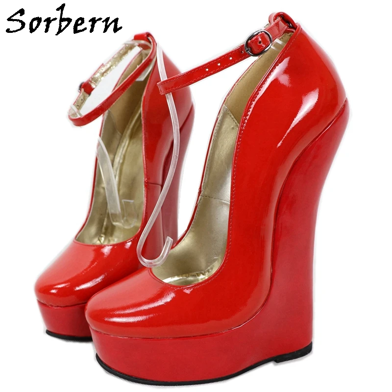 Sorbern Genuine Leather Heelless Pumps Women Ankle Straps Shiny Red 20Cm No Heel Platform Shoes Lady Heeled Shoes Custom Colors