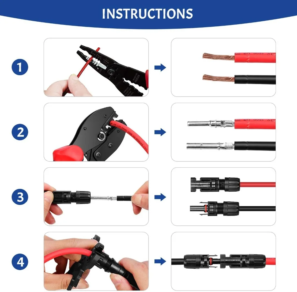 Solar Crimping Tool Kit for 2.5-6.0mm²/AWG26-10 Panel PV Cable with 6PCS Male Female Connectors MC3 Manual Electrician Tools