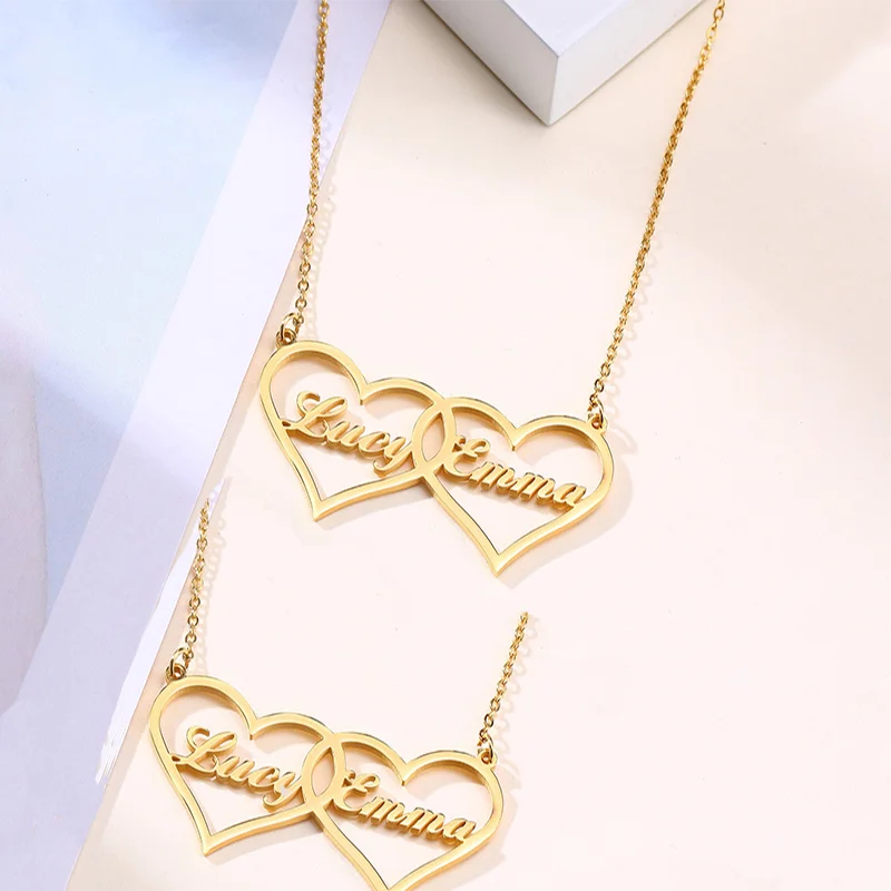 

Fashion Stainless Steel jewelry Custom Name Necklace With double heart For Women Personalized Letter Choker Necklace Gifts