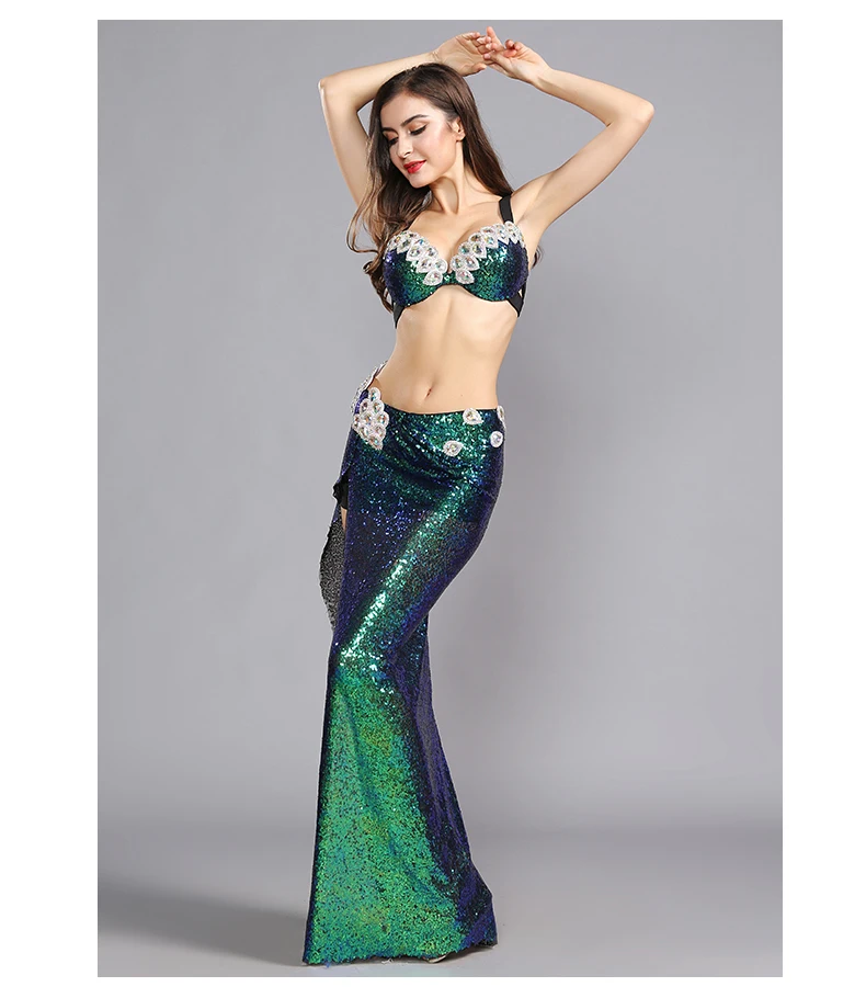 Belly Dance Clothes Brling Sequins Bra and Split Skirt 2pcs Bellydance Suit Girls Performance Wear