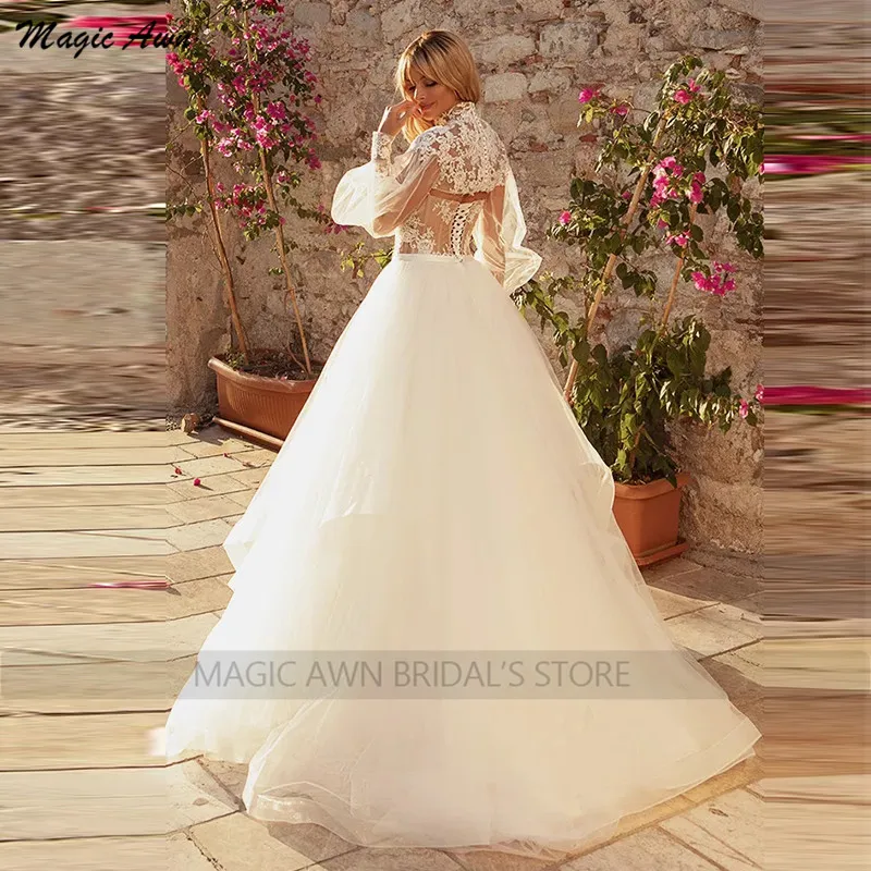 Magic awn lindo vestido de casamento 2 em 1, rendas estilo boho, apliques destacáveis, manga comprida, ilusão, roupão de princesa, vestidos de casamento