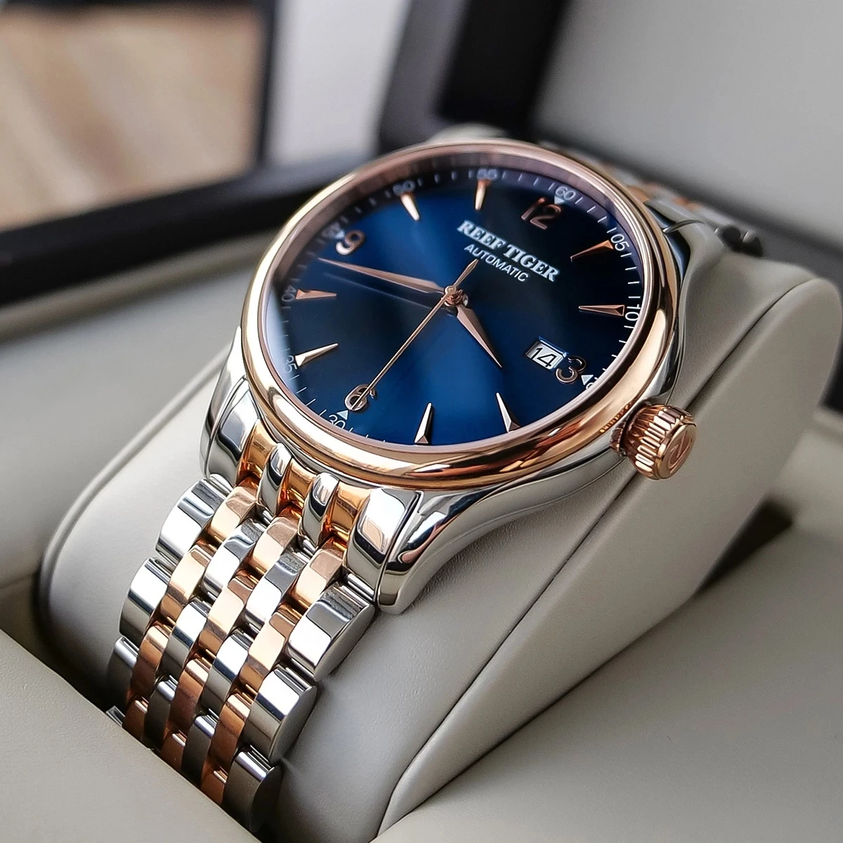 Reef Tiger/RT New Top Brand Luxury Two Tone Rose Gold Watches With Date Blue Dial Waterproof Men's Automatic Mechanical Watch