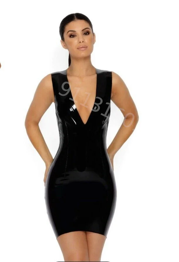 

Sexy Black Sleeveless Latex Dress Rubber V-Neck Vestidos Dresses Plus Size Gowns Customize Service