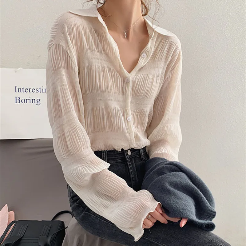 New 2023 Spring Vintage Elegant Women Chiffon Blouses Casual Long Sleeve Blusas Femme Turn-down Collar Solid Shirts Female Tops