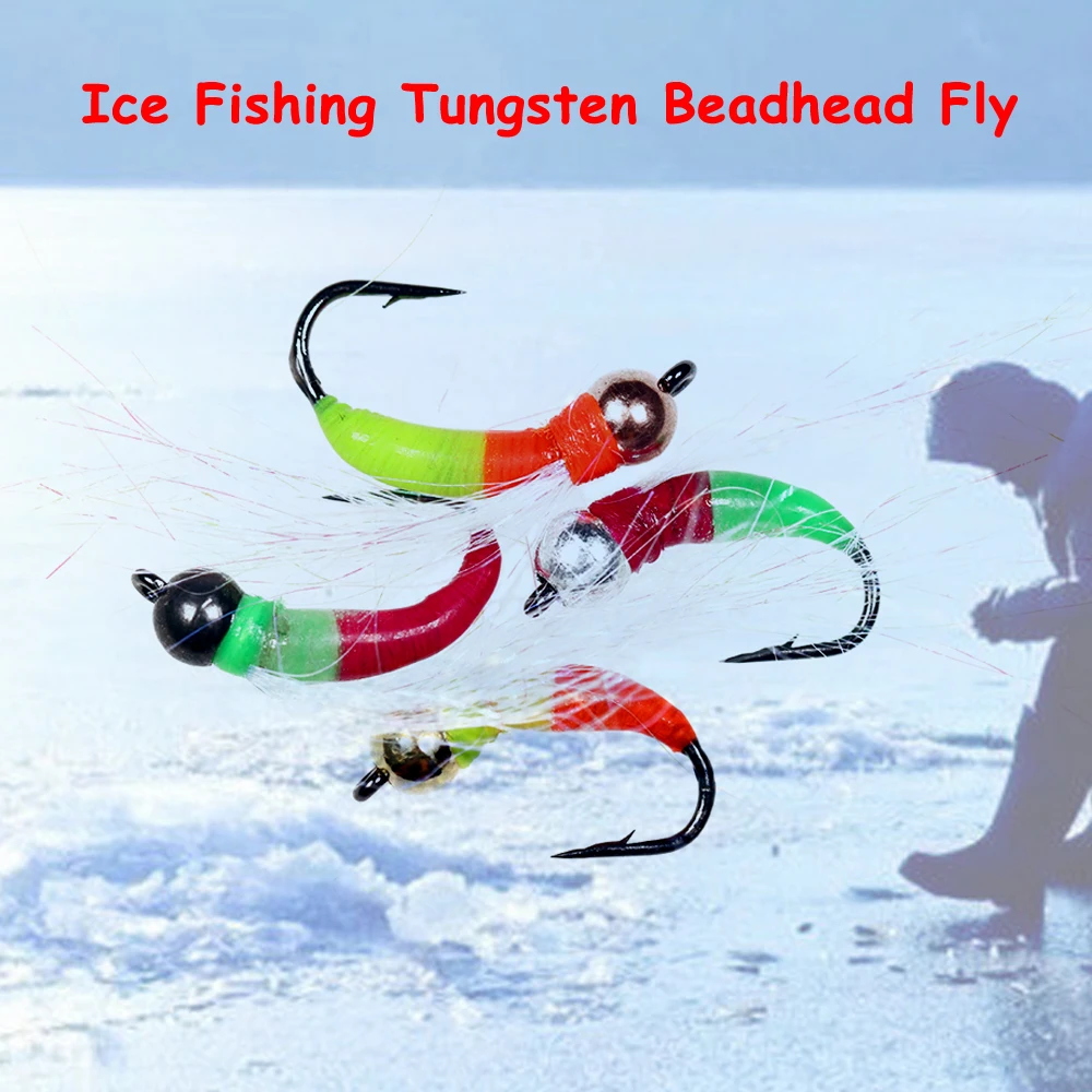 Bimoo 6pcs 8# Tungsten Beadhead Ice Fishing Nymph Fluorescent   Fly Fast Sinking Trout White Fish Lure Bait