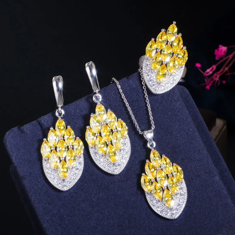 CWWZircons Artistic Vintage Cubic Zircon Jewelry Colorful CZ Crystal Big Drop Ring Pendant Necklace Earring Set for Women T0009