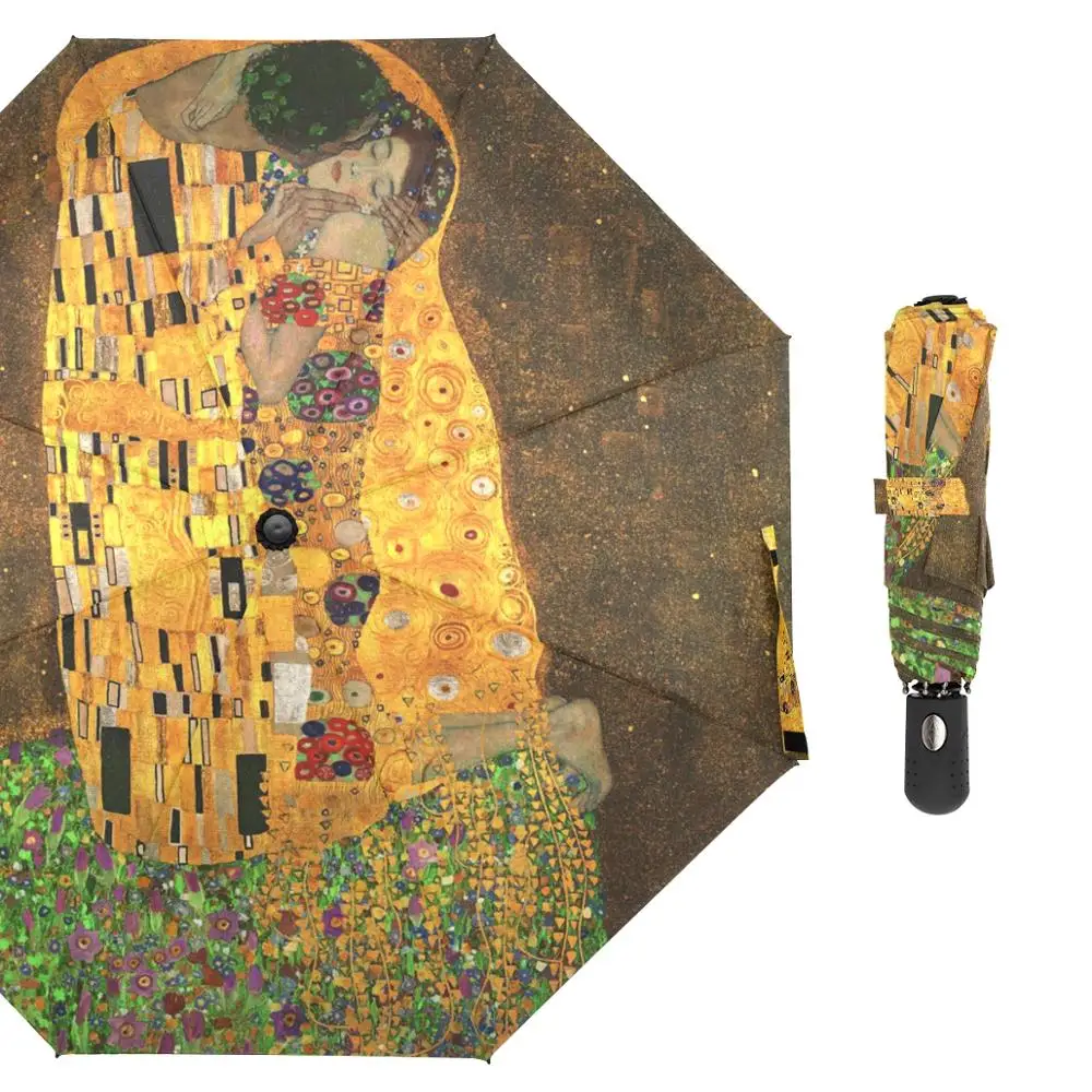 Gustav Klimt yağlıboya şemsiye şemsiye yağmur güneş koruma kadınlar otomatik şemsiye üç katlanır taşınabilir şemsiye açık