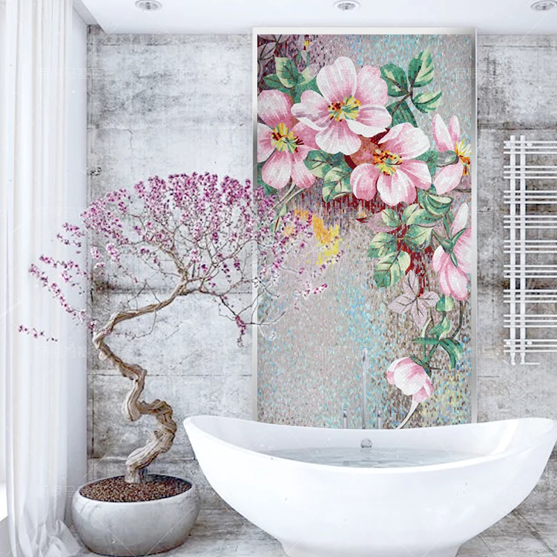 Luxury Shiny Mural Glass Mosaic Wall Tiles,Hand made Pink Blossom Flowers  Mosaic Wall, can be customized size and color