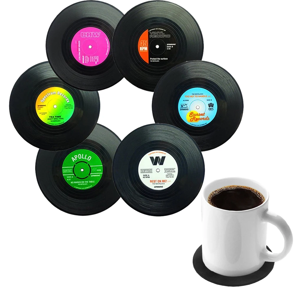 1/4/6 Pcs Retro Coasters Set Vinyl Record Round Disk Coaster Non Slip Record Coffee Cup Mat PVC Drinks Home Decor Coaster