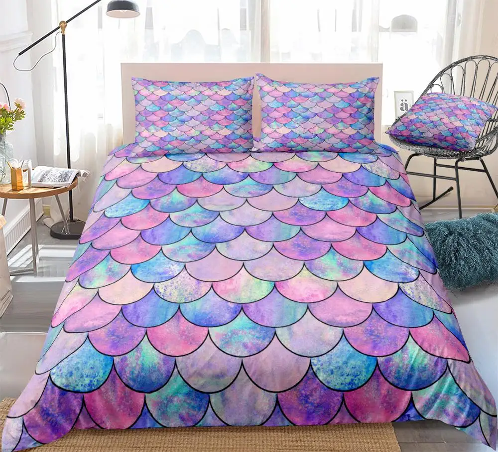 3 Pieces Fish Scales Duvet Cover Set Purple Pink Mermaid Scales Bedding Sets Colorful Quilt Cover Queen Bed Set Blue Dropship