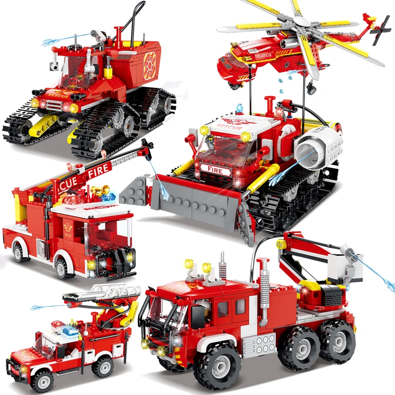 

Water Spray Fire Rescue Helicopter Truck Car City Building Blocks Bricks Set Educational Children Toys For Boys