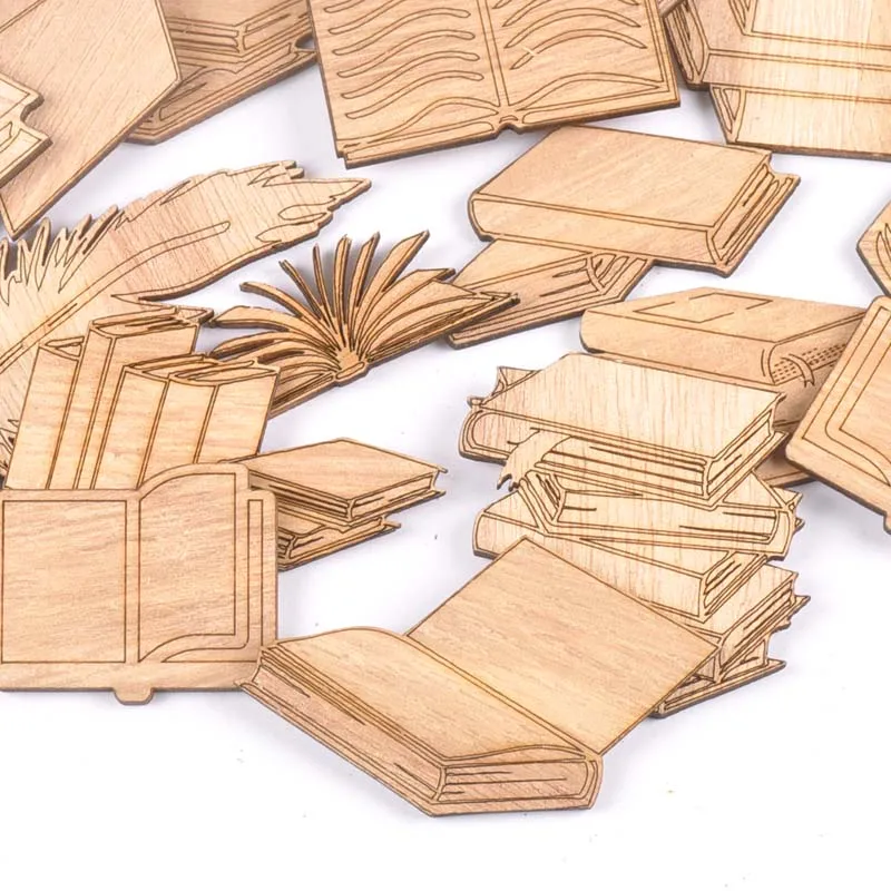 Mixed Book Pattern Wooden Crafts Scrapbooking 10Pcs Wood Ornaments For Decor Birthday Wedding DIY Arts Home Decoration m2553