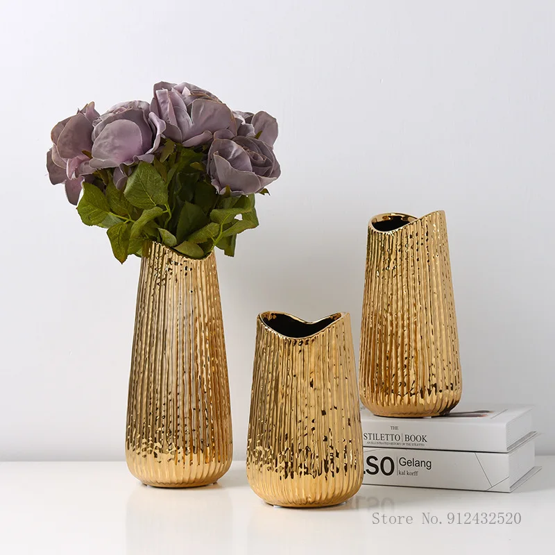 European-Style Electroplating Golden Ceramic Vase, Handmade Flower Shop Vase, Home, Living Room, Wedding, Hotel