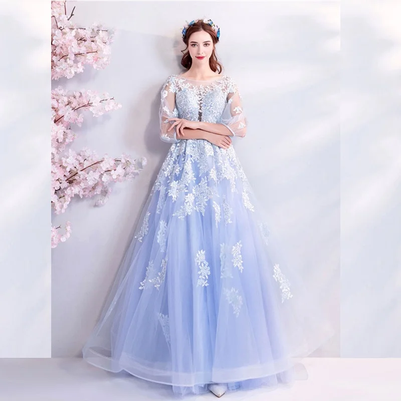 Princess Long Evening Dresses A Line Vestito Da Sera Real Photos Sky Blue Prom Gowns Robe De Soiree In Stock