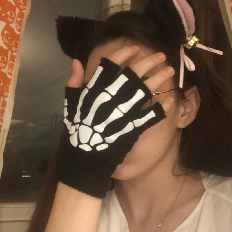 Neue Punk-Handschuhe, Unisex, Halloween, Skelett, Totenkopf, Halbfinger-Handschuhe, leuchtet im Dunkeln, fingerlose Stretch-Strick-Winter-Fäustlinge