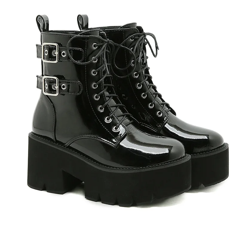 Black Gothic Women Shoes Autumn Ladies Ankle Boots High Heels Sexy Chain Punk Style Patent Leather Boots For Party Zipper588