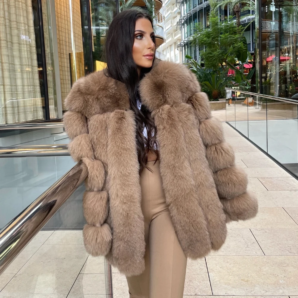 

Khaki Color Natural Fox Fur Jacket O-neck Medium Length Genuine Fox Fur Coats for Women Winter Outwear New Fur Overcoats