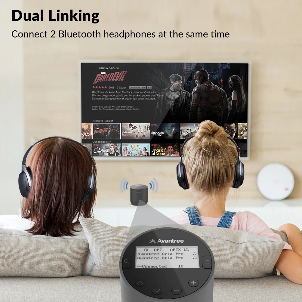 Avantree Orbit Long Range Bluetooth 5,0 Audio Sender für TV, 2 Gebaut-in Antennen, 2 kopfhörer Unterstützung, aptX Niedrigen Latenz