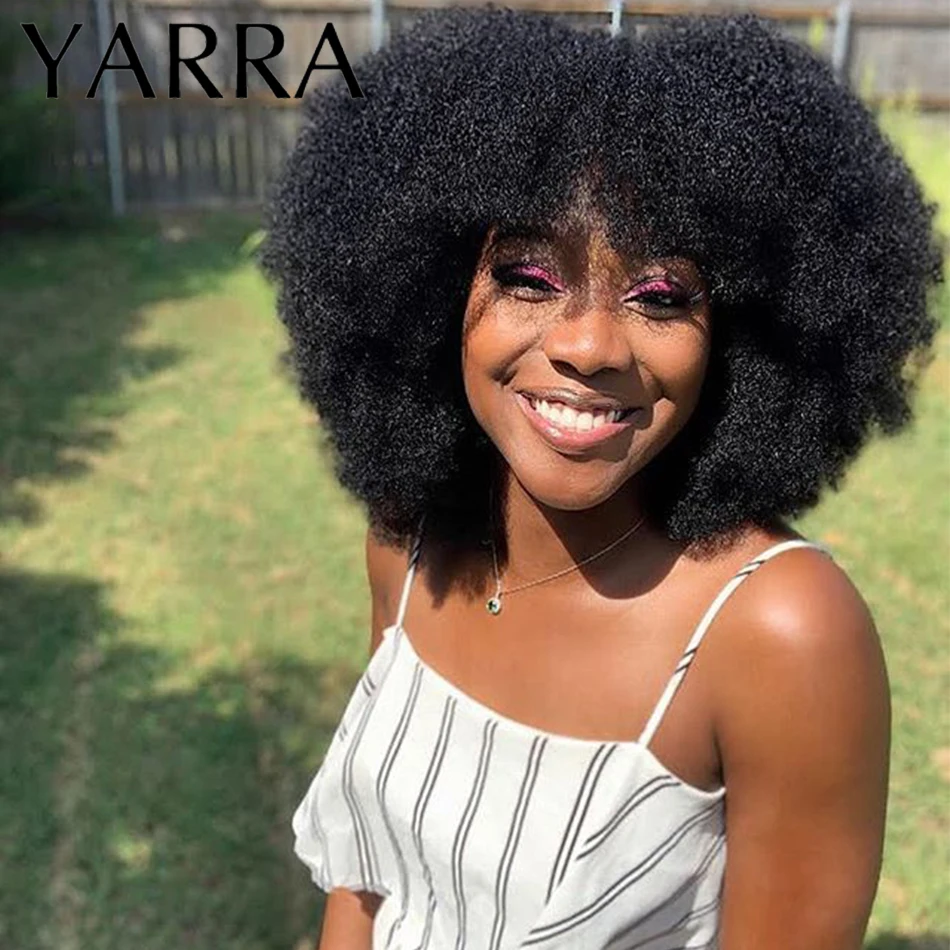 YARRY-Peruca Curly Afro Kinky com Franja para Mulheres Negras, Máquina Completa Feita, Cabelo Humano Brasileiro, Cabelo Remy, Densidade 180