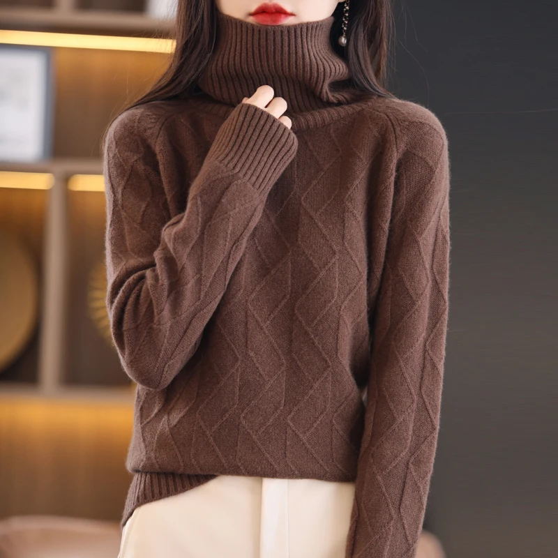 Autumn Winter New 100% Wool Cashmere Sweater Women High Neck Pullover Thick Korean Loose Knit Turtleneck Sweater Bottoming Shirt