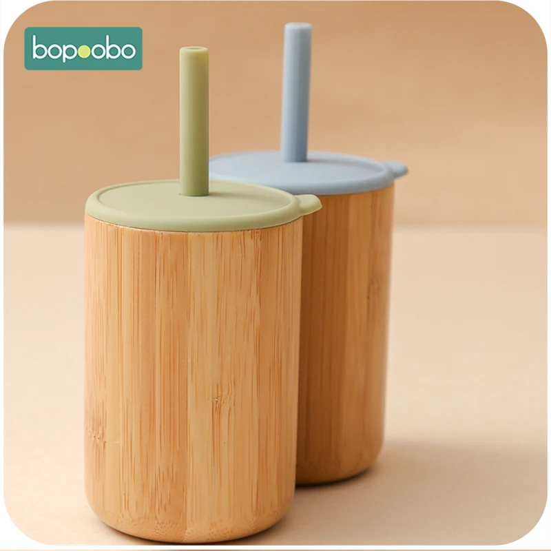 Bopoobo Baby Feeding Cups Bamboo Drinking Wood Cup BPA Free Baby Learning Drinkware Children's Soft Straw Cups for Children