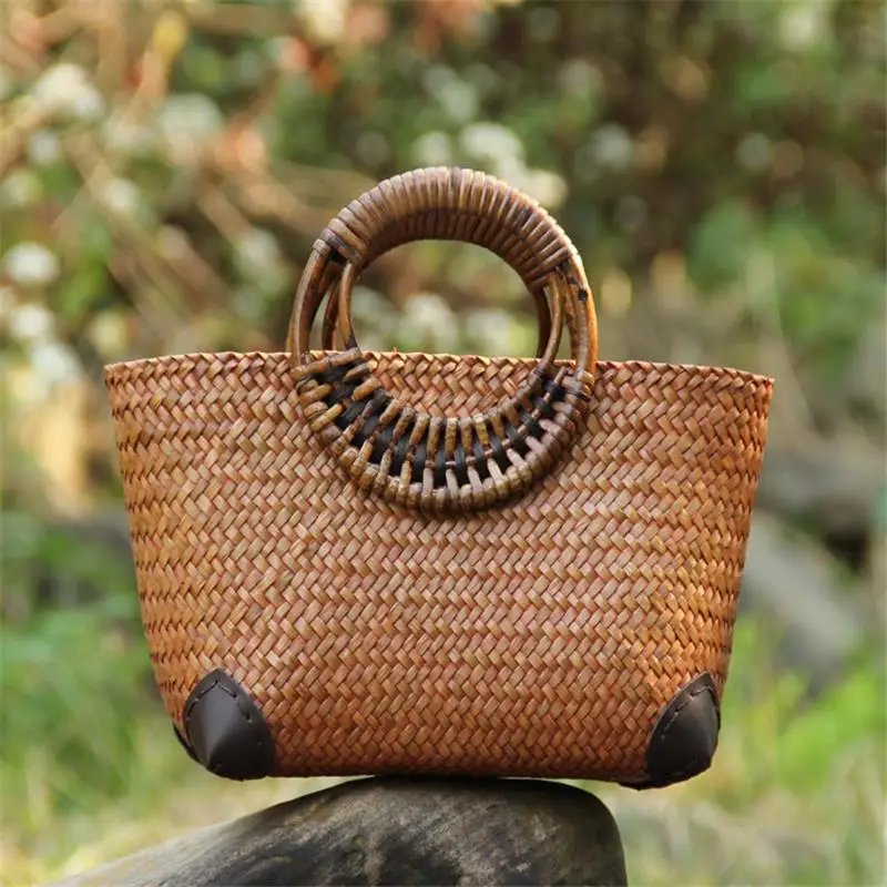 25x14CM Neue Thai Handgemachte Stroh Tasche Ethnische Stil Gitter Tasche Rattan Gewebt Tasche Original Weben Handtasche Frauen a6104