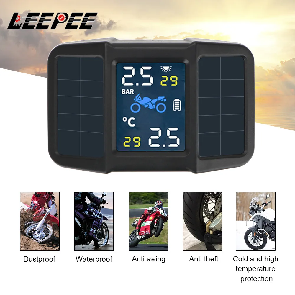 2 Sensors Motorcycle TPMS Tire Pressure Temperature Monitoring Alarm System Tyre Tester USB Solar Charging Motorbike Accessories