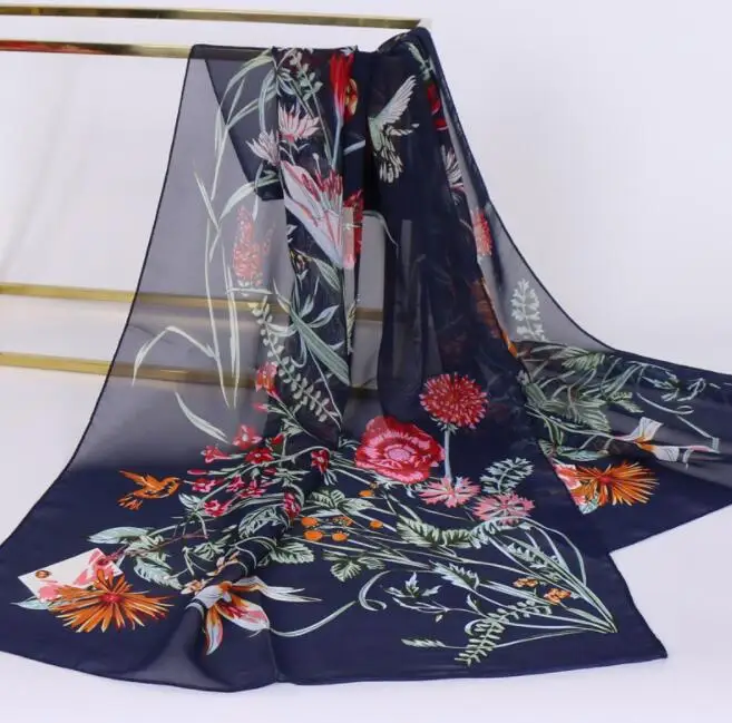 Chiffon Floral Elegant Scarves Silk Scarf Fashion Women Flower Printed Long Soft Wrap Scarf Simulation Silk Shawl Beach Scarf