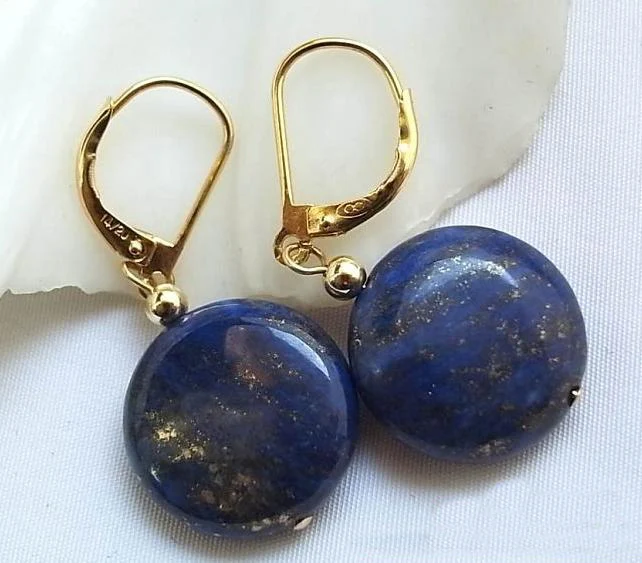 

Unique Pearls jewellery Store Nature 14mm Lapis Lazuli Coin Bead Dangle Earrings Charming Women Gift Jewelry Fast Shipping