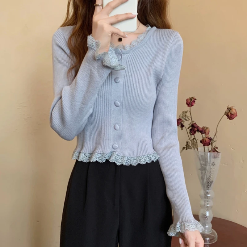 Cardigans Women Lace Design Gentle Sweet All-match Trendy Chic Ulzzang Simple Slim Knitted Cardigan Students Autumn New Popular