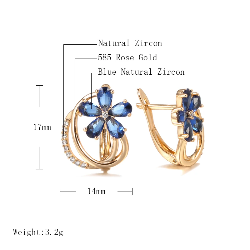 Kinel Trend Blue Natural Zircon Stud Earrings for Women 585 Rose Gold Color Flower Earrings Quality Daily Fine Vintage Jewelry