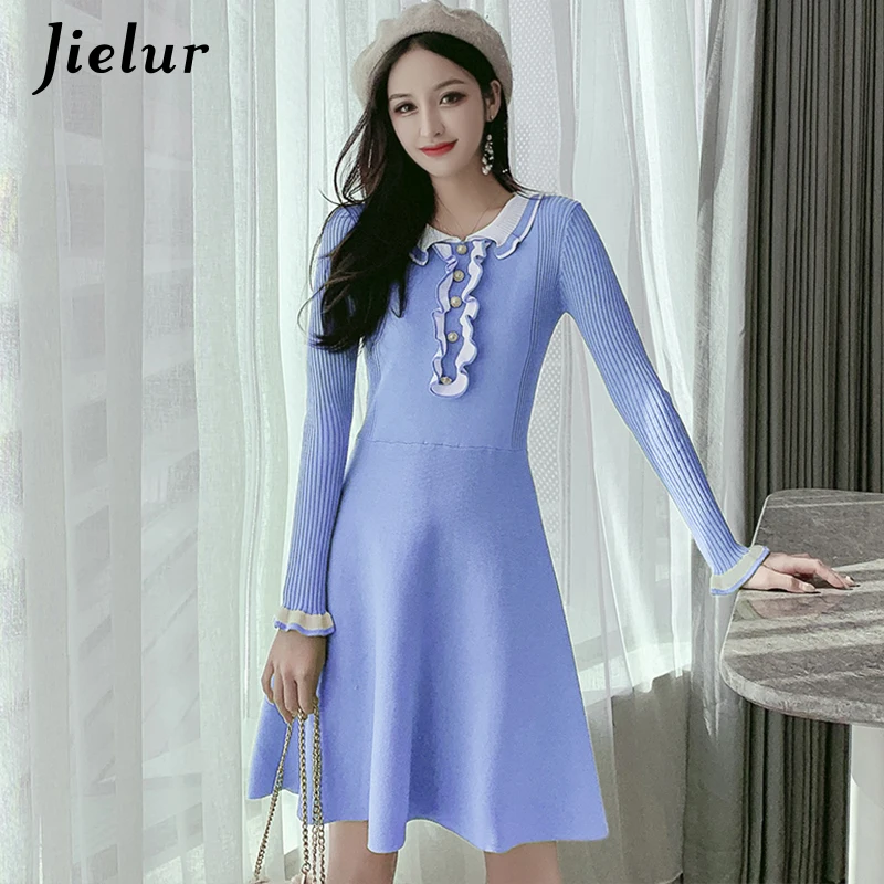 Jielur 2021 Winter Peter Pan Collar Knitted Women's Dresses Fashion Black Blue Lady Elegant Vestidos A-line Dress Female S-XL