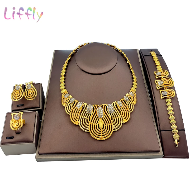 

Liffly Indian Party Jewelry Sets Women Gold Necklace Bracelet Earrings Ring Jewelry Elegant Bridal Luxury Jewelry Accessories